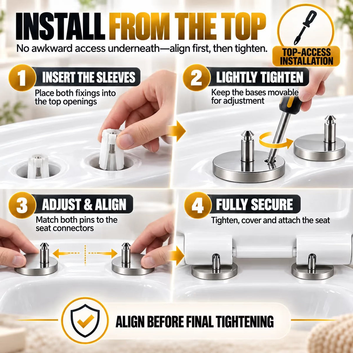 🔩 2-Pack Top-Fix Toilet Seat Hinge Bolts – Adjustable Anti-Wobble Replacement Kit