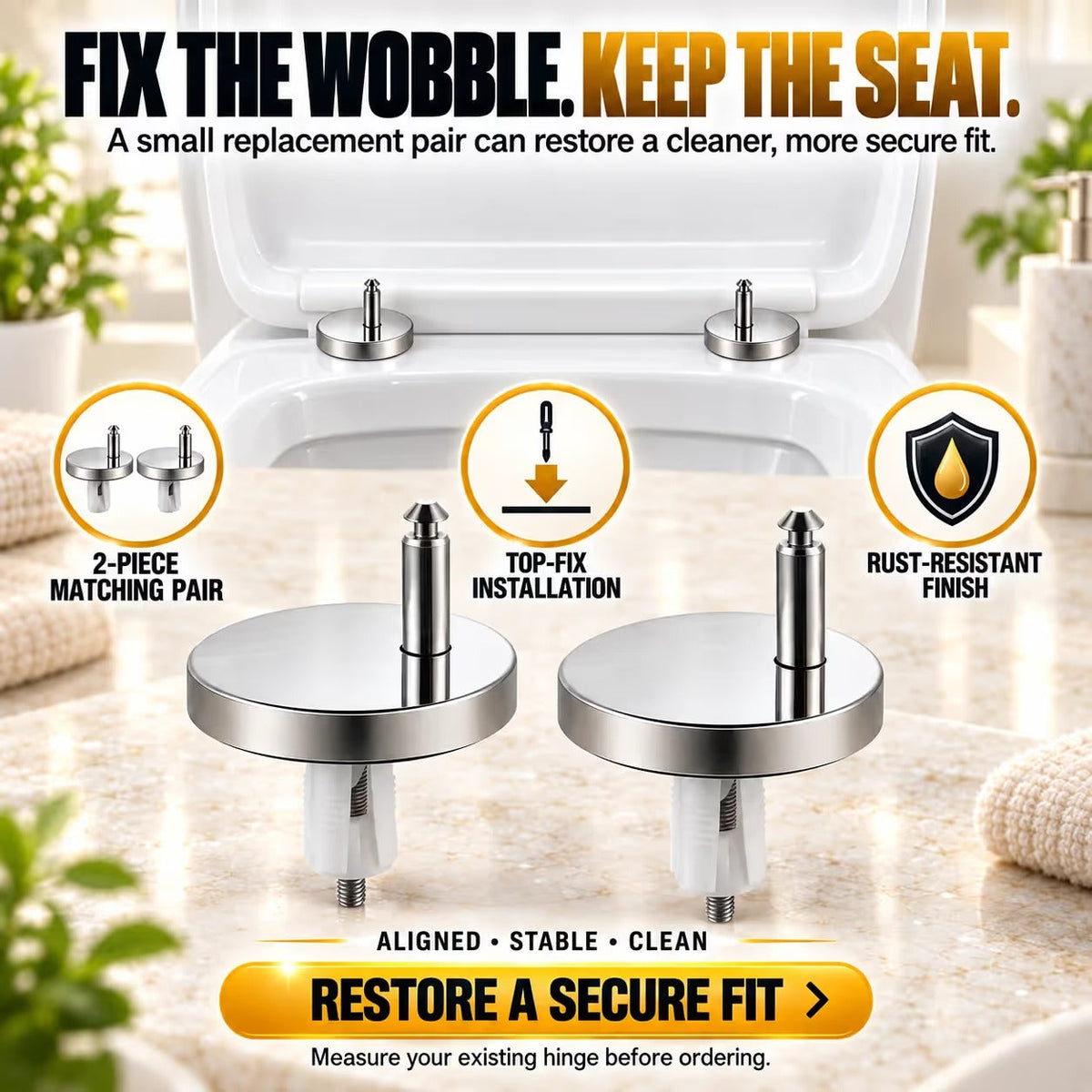 🔩 2-Pack Top-Fix Toilet Seat Hinge Bolts – Adjustable Anti-Wobble Replacement Kit