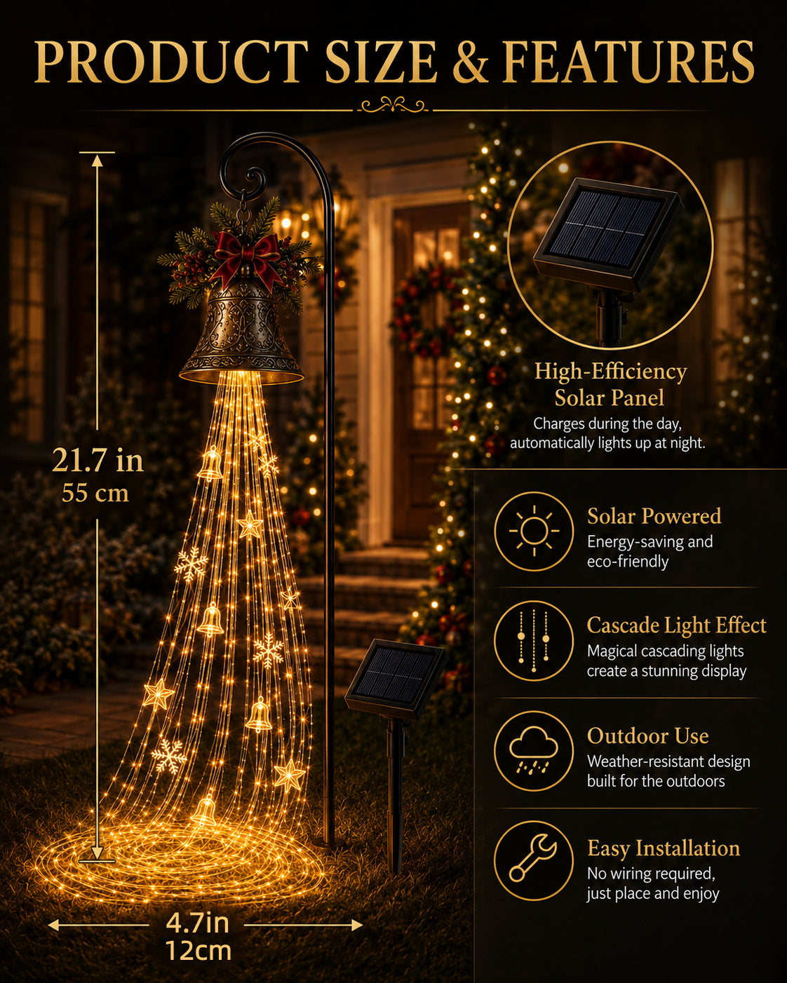 🎄🔔Christmas Bell Cascade Solar Yard Light✨