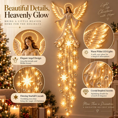 ✨ Angel Blessing Starfall Wall Light — Lighted Angel Wall Sculpture with Cascading Star Glow | Ivory-Gold Christmas Wall Decor