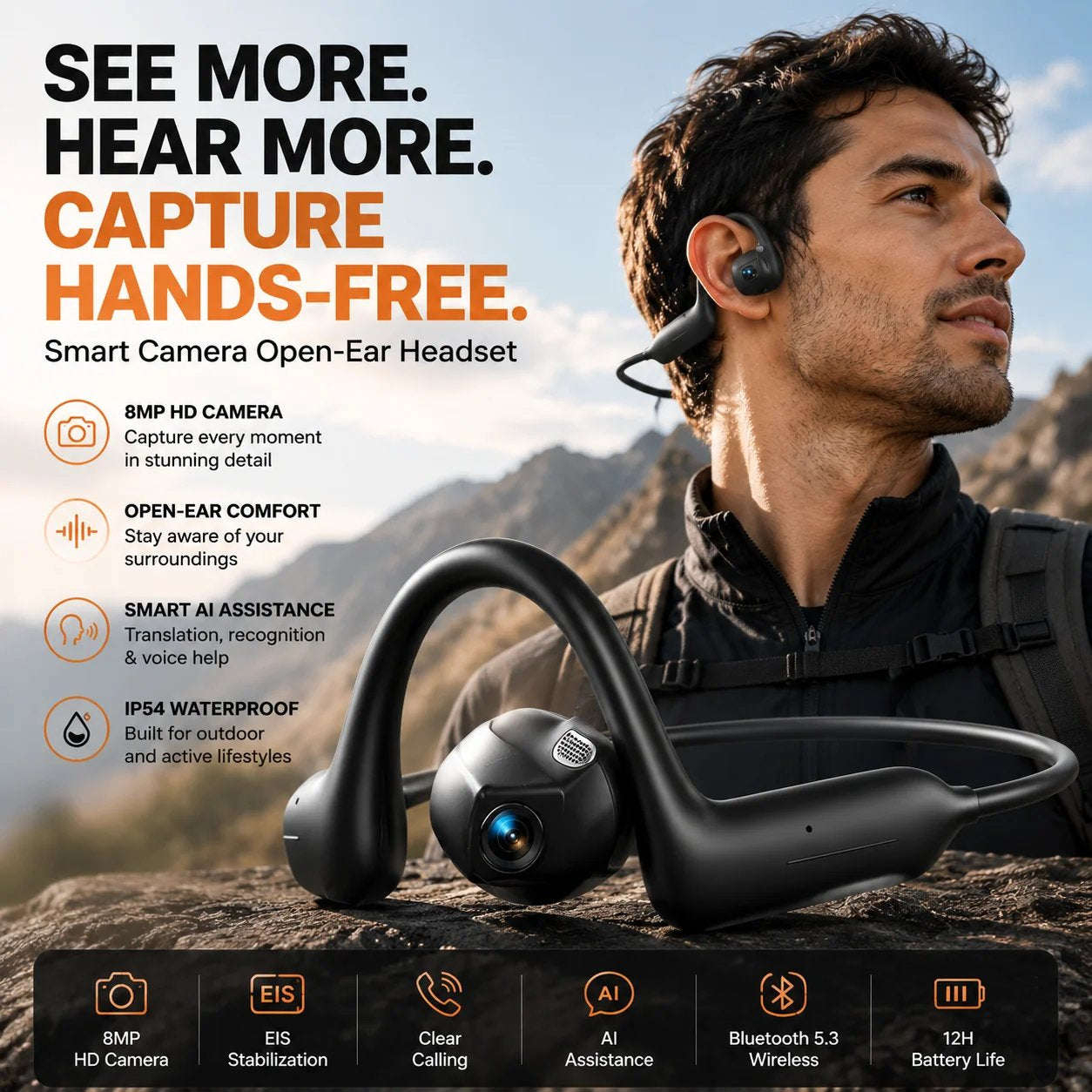 🎧 8MP Smart Camera Open-Ear Headset – POV Video, Calls & AI Assistance 🎥