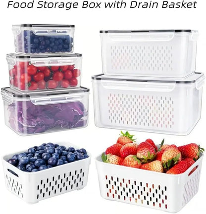 4 in 1 Food Storage Container, Fruit Storage Containers for Fridge, Produce Storage Containers with Lid and Strainer