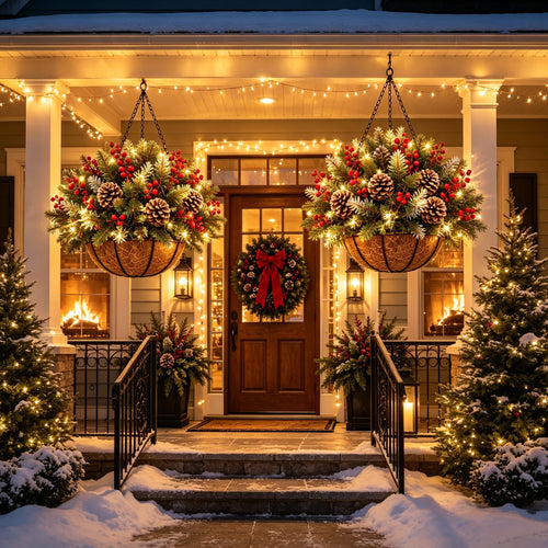 🏆Pre-Lit Christmas Hanging Basket |🎄 Pre-lit, weather-resistant, and zero maintenance