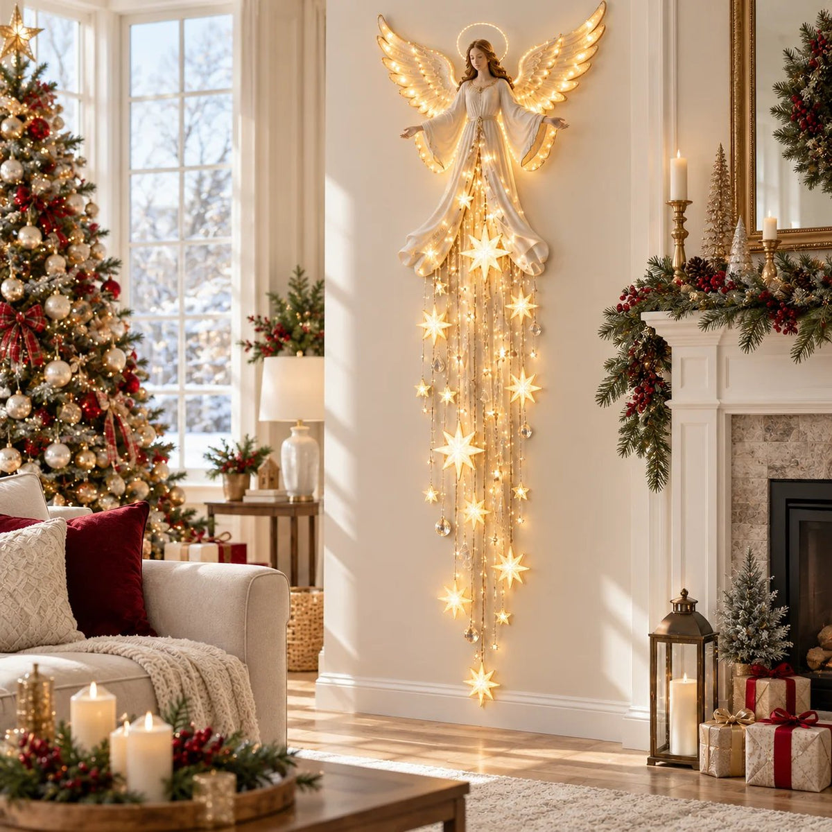 ✨ Angel Blessing Starfall Wall Light — Lighted Angel Wall Sculpture with Cascading Star Glow | Ivory-Gold Christmas Wall Decor